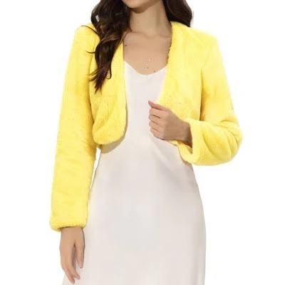 INSPIRE CHIC Women's Cropped Open Front Collarless Long Sleeve Wedding Gown Faux Fur Jacket