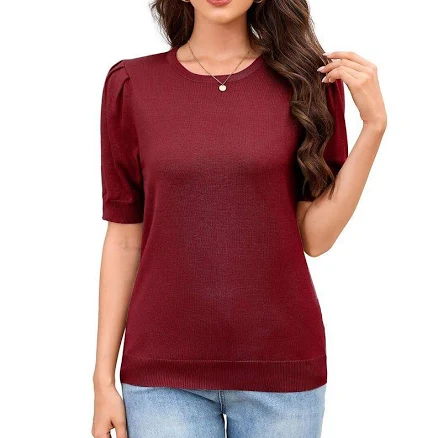 Women's Puff Short Sleeve Sweater Tops Knit Crew Neck Causal Work Blouses, Size: XL, Red