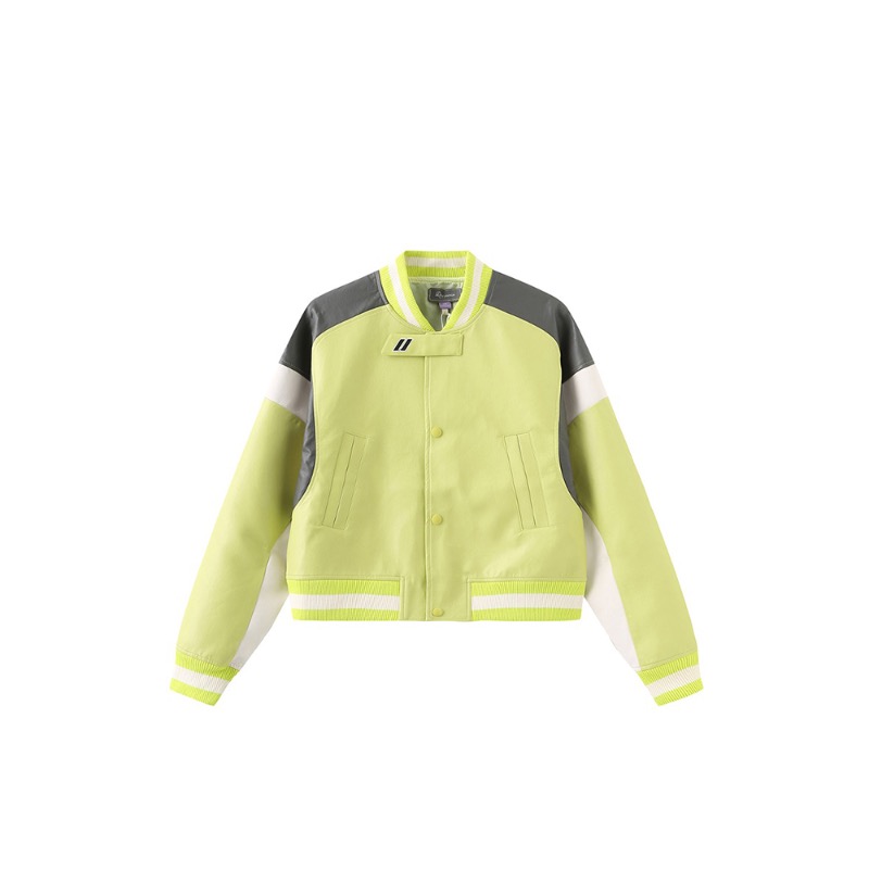 [UMAMIISM : 우마미즘] U logo neck band detail Multi consturctive pattern Vegan leather varsity jacket neon avocado