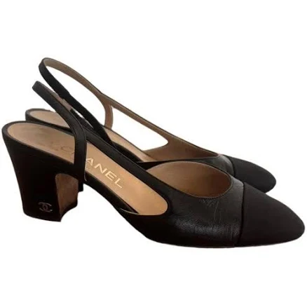 Chanel Black Lambskin Grosgrain Interlocking CC Logo Sling Back Shoes