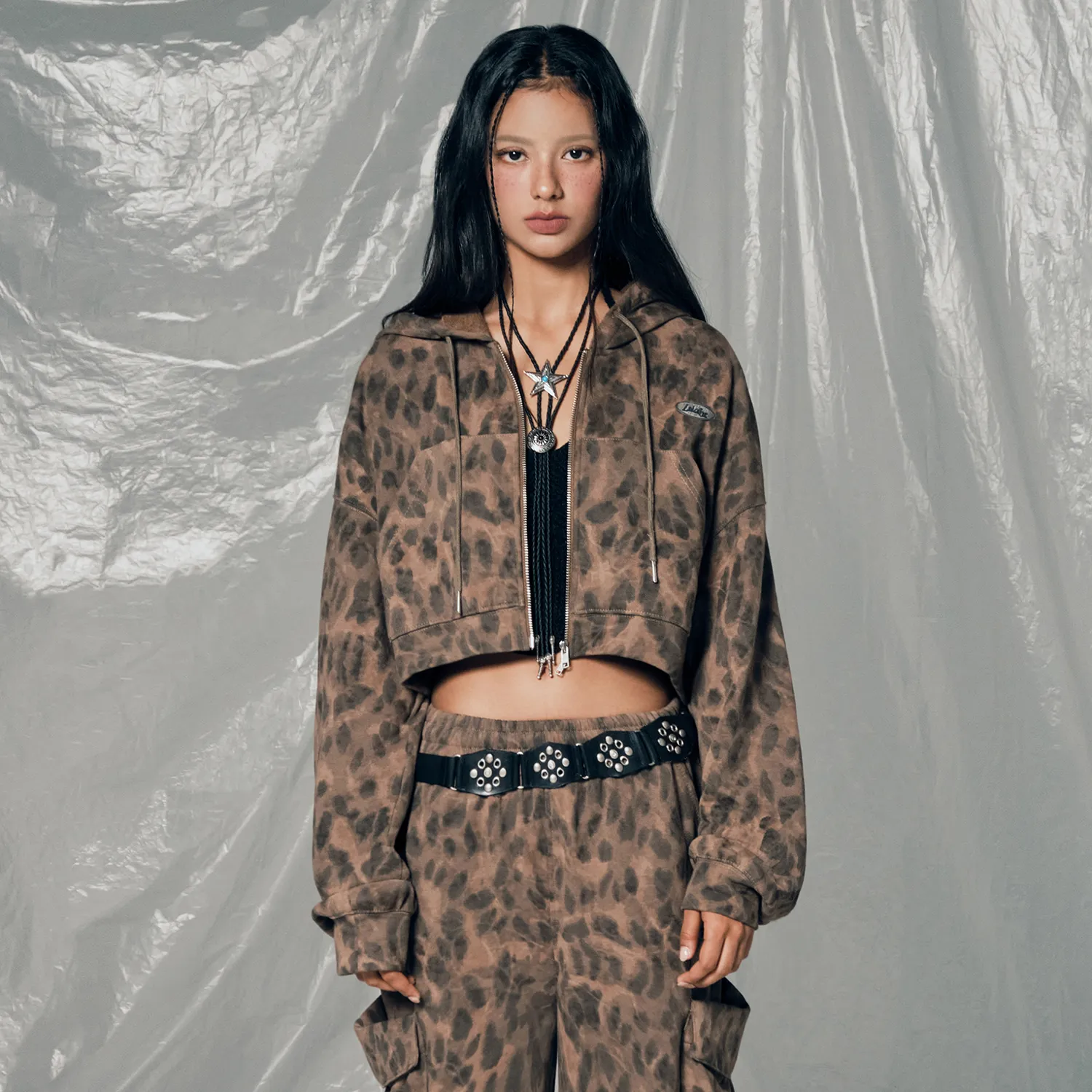 LEOPARD PRINT HOODIE ZIP-UP BROWN BQ4CJ001