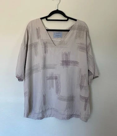 Tonle Vneck Linen Blouse Women’s Medium Handmade Taupe Maroon