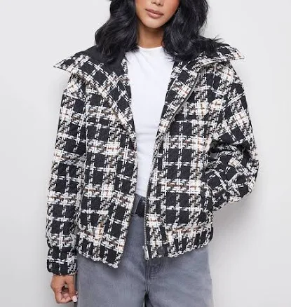 Warehouse Women's Oversized Check Chunky Rib Bomber Jacket