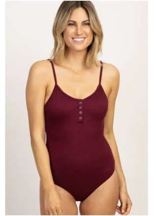 Women’s Burgundy Solid Ribbed Button One-piece Bathing Swimsuit Size