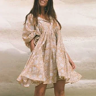 Daughters of India Kyra Boho Relaxed Fit Balloon-Sleeved Gauze Cotton Mini