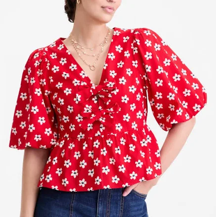 On 34th Women's Puff-Sleeve Tie-Front Peplum Blouse