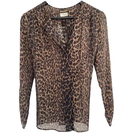 Saint Laurent Brown Leopard Print Silk Shirt Size 36 FR