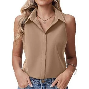 Zeagoo Women's Sleeveless Hidden-Button Front Collared Button Down Shirt
