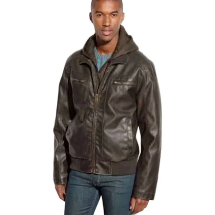 Sean John Men's Vegan Leather Jacket with Removable Knit Hoodie