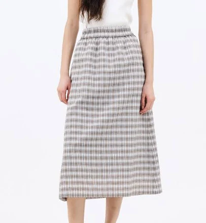 "Jun by Jun k. Check Midi Skirt_Brown" by W Concept