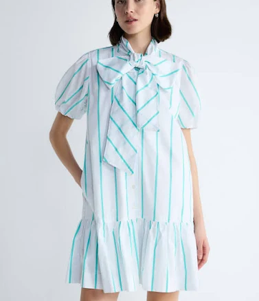 Free Assembly Women's Tie Neck Striped Cotton Mini Dress