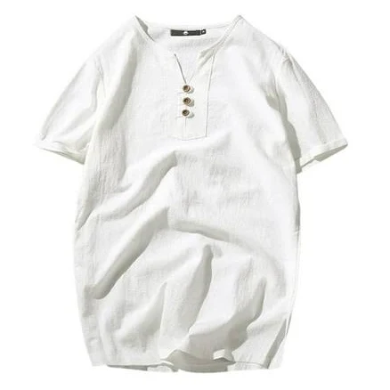 Men's Regular-Fit Cotton Linen V-Neck Short Sleeve Shirt