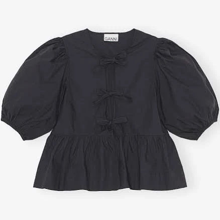 Ganni Cotton Poplin Peplum Tie Blouse