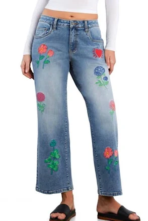 billy T Women's Blossom Embroidered Wide-Leg Jeans