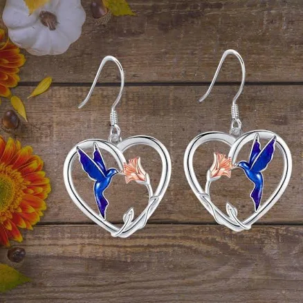 Hummingbird Heart Earrings in 925 Sterling Silver