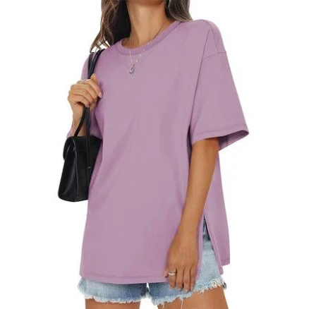 Women's Loose Fit Crewneck Short Sleeve Cotton Tee with Side Slit