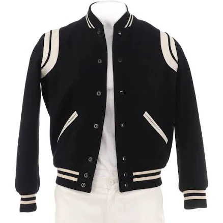 Saint Laurent Men's Classic Teddy Bomber Jacket Wool Blend with Leather Black