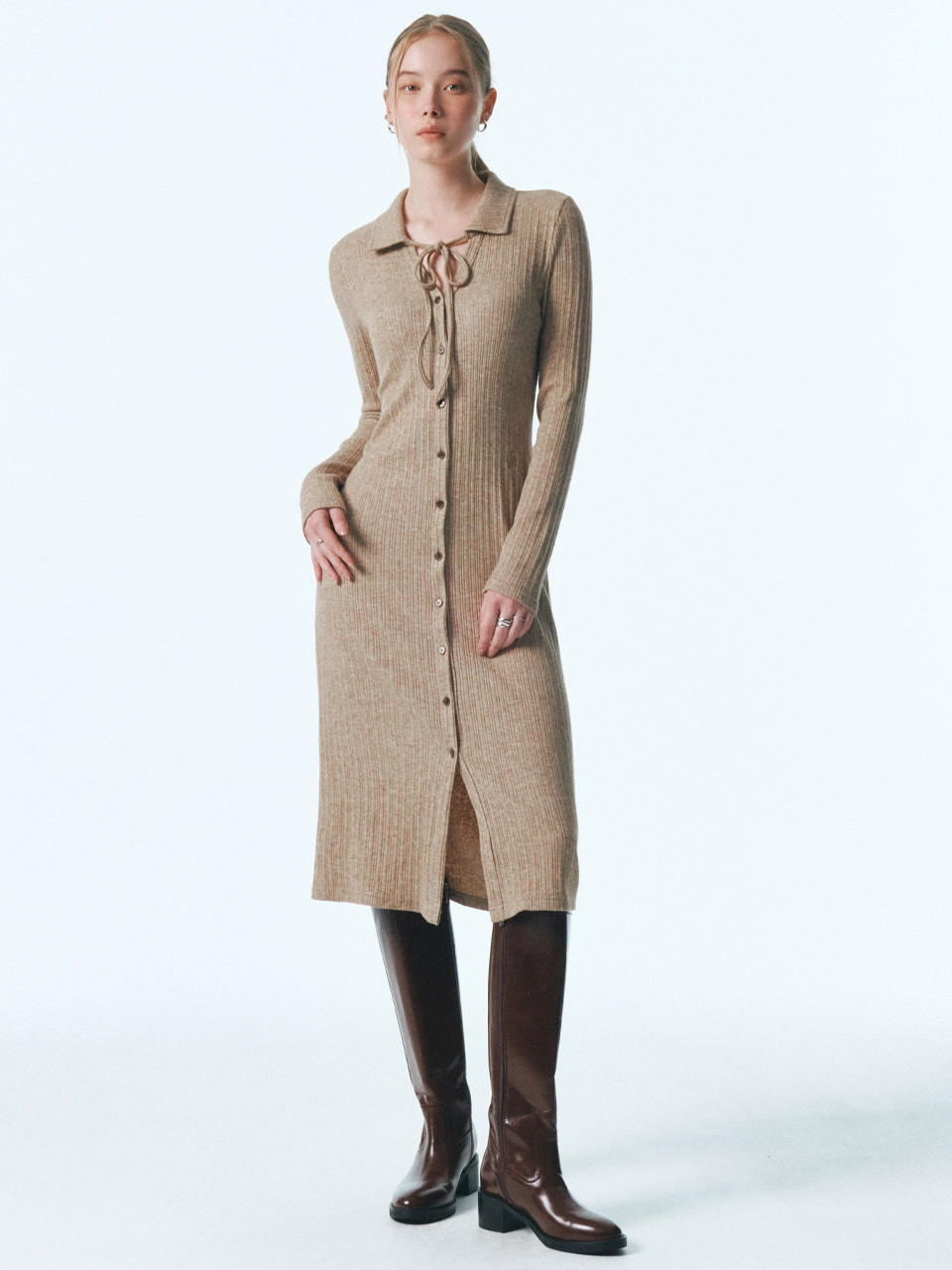 Ribbed Long Dress_Brown