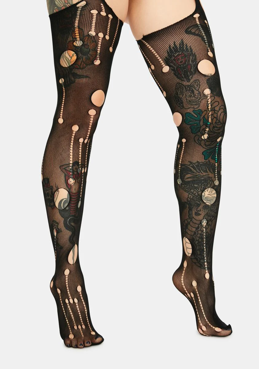 Wait Garter Connected Tights With Cut Out Holes