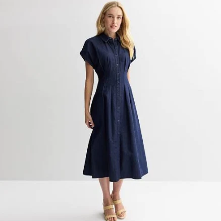 Women's Nine West Cinched Waist Midi Shirt Dress, Size: Medium, Mid Blue Denim Wash