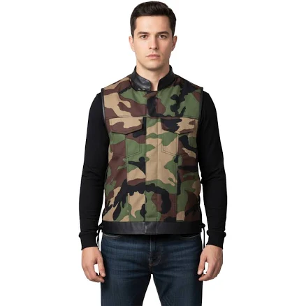 Biker Vest Military Print Camouflage Leather Lace Motorcycle Vest