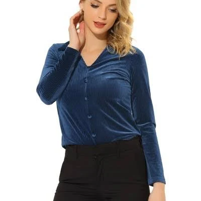 Inspire CHIC Women's Ribbed Knit Velvet V-Neck Long Sleeve Blouse