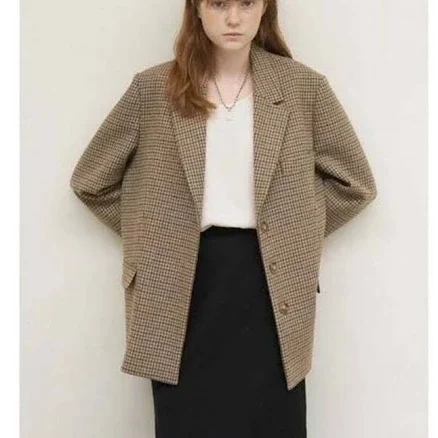 Marron Edition Women Wool Houndstooth Long Sleeve Suit Blazer Brown Os