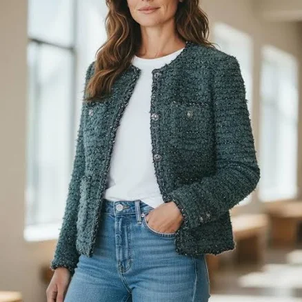 Vintage-Inspired Bouclé Tweed Cardigan Jacket with Front Pockets