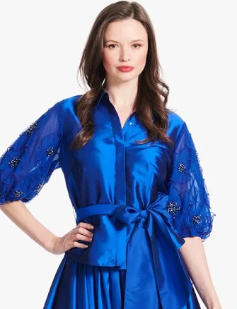 TAFFETA BLOUSE WITH DELICATE FLOWER PUFF SLEEVES ROYAL