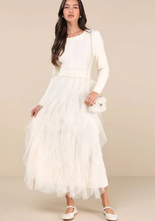 Lulus Cable Knit Ruffled Tulle Maxi Dress