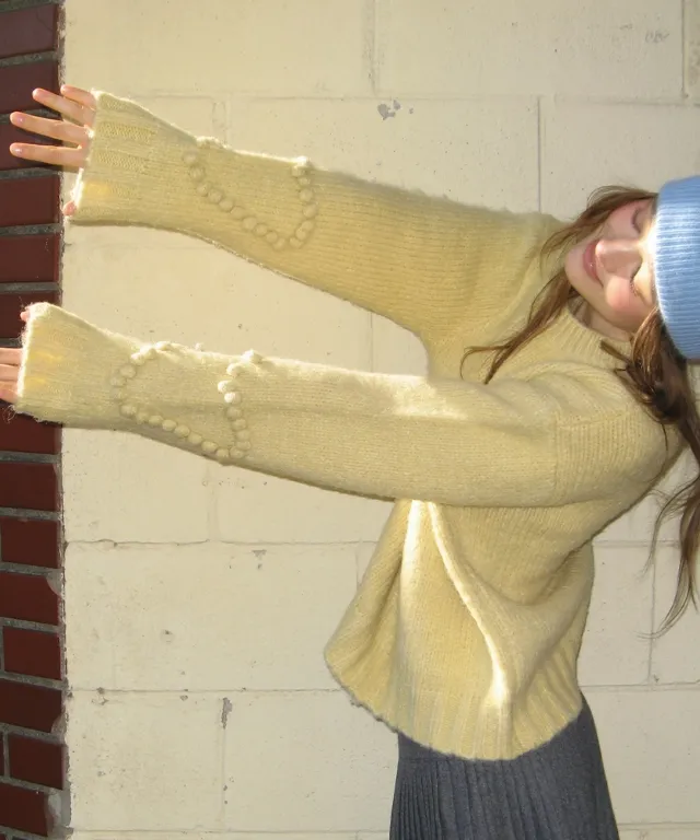 Handmade Heart Sleeve Point Pullover Knit Cream Yellow