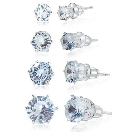 Women's Round Cut Solitaire Stud Earrings (4 Pairs)