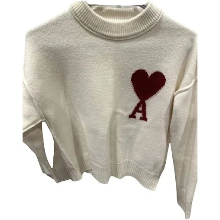 Ami Wool Knitwear Ecru Heart Logo Sweater Size 6 UK