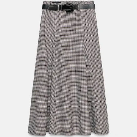 Zara Plaid Midi Skirt with Belt