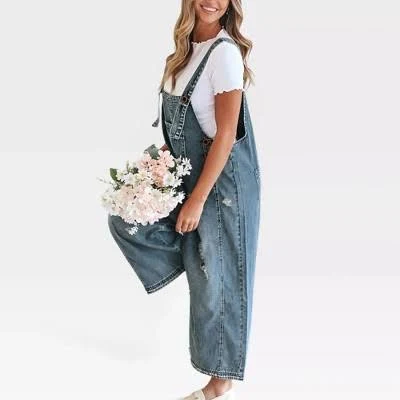 Garvee Women's Distressed Denim Wide Leg Overalls