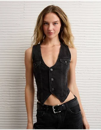 Women American Eagle Denim Vest in Black Wash Sleeveless V-Neck Jean Top with Adjustable Back Buckle