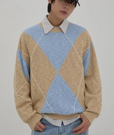 WAIKEI Big Argyle Boucle Knit Sweater