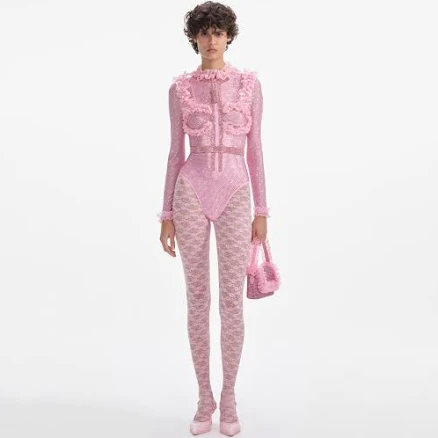 Self Portrait Rhinestone Mesh Ruffle Bodysuit