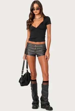 Edikted Women's Washed Faux Leather Micro Cargo Shorts