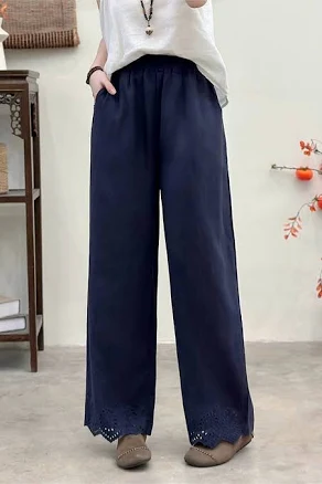 Straight-Leg Drawstring Pants with Embroidered Eyelet