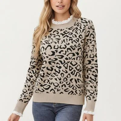 Anna-Kaci Women's Leopard Print Ribbed Trim Sweater