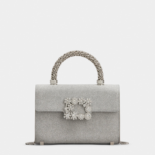 Roger Vivier Flower Strass Jewel Buckle Clutch Bag Mini in Glitter Silver