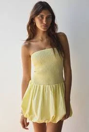 Glamorous Lemon Yellow Strapless Smocked Bubble Hem Mini Dress