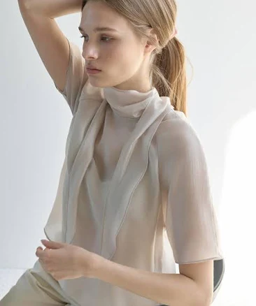 W Concept Sheer Half Balloon Sleeve Tie Blouse