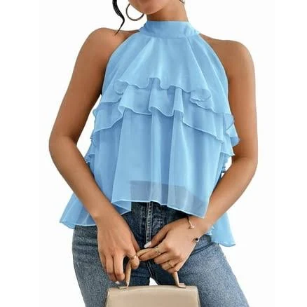 Women's Layered Ruffle Hem Sleeveless Halter Chiffon Blouse Flowy Tank Tops Sky Blue S, Size: Small