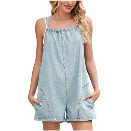 Realikun Women's Casual Sleeveless V-Neck Denim Romper Overalls