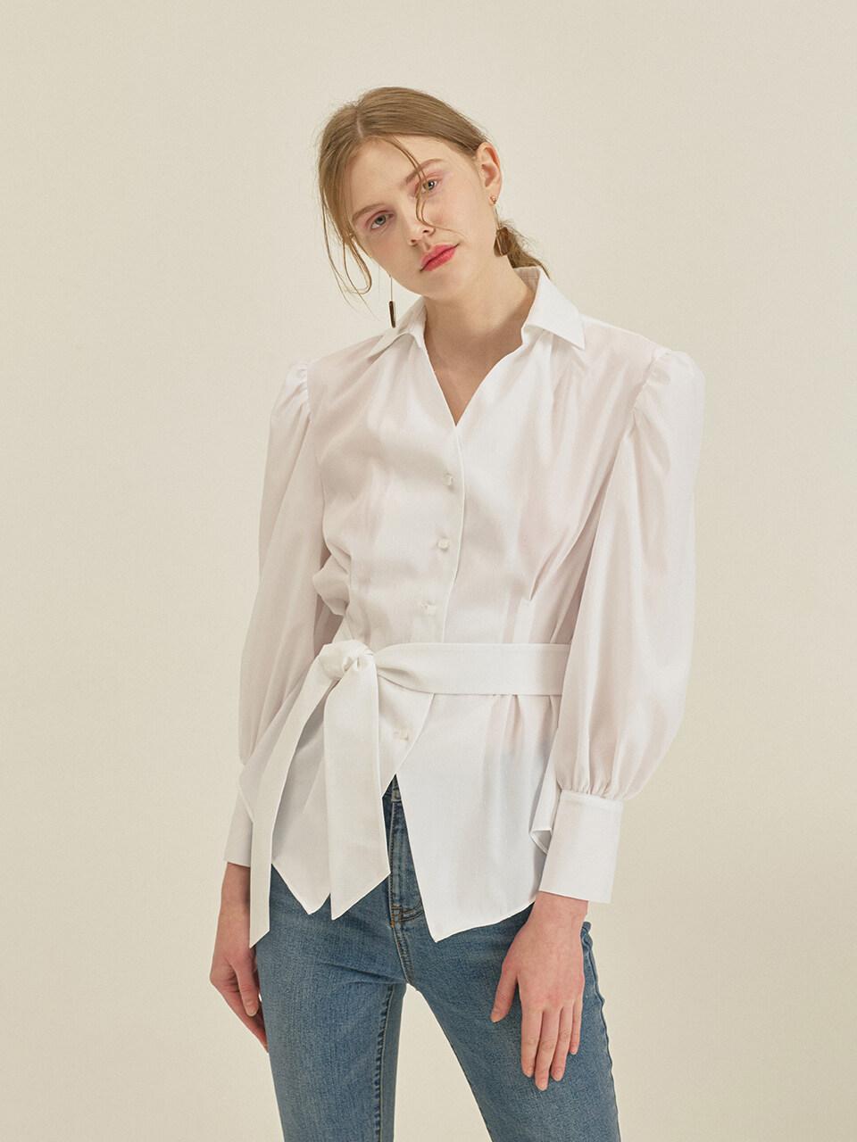Shirring Belted Blouse White