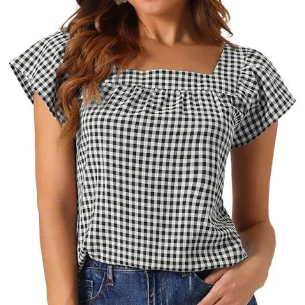 Inspire Chic Women's Summer Square Neck Gingham Cap Sleeve Blouses