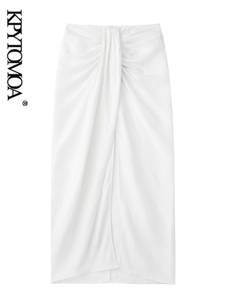 Women Fashion Front Knot With Pleats Slit Hem Linen Midi Skirt Vintage High Waist Back [A00071655]