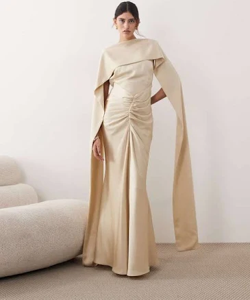 ARRANGE Women's pleated waist back drape high neck satin maxi dress